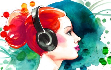 Kulaklıkla müzik dinleyen güzel kız. El yapımı mürekkep ve kağıda sıçramış suluboya.
