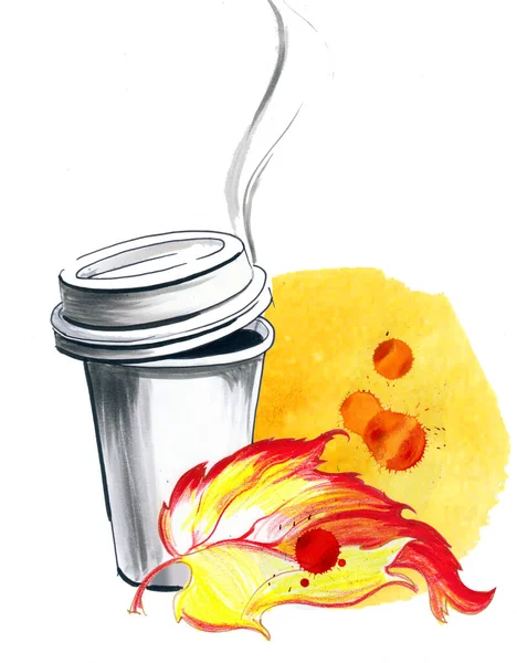 Tasse Kaffee Und Herbstblatt Mit Spritzern Handgezeichnete Tusche Und Aquarell — Stockfoto