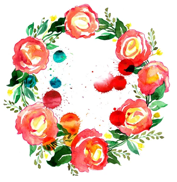 Ανθισμένο Στεφάνι Λουλουδιού Μελάνι Ζωγραφισμένο Στο Χέρι Και Ακουαρέλα Πιτσιλιές — Φωτογραφία Αρχείου