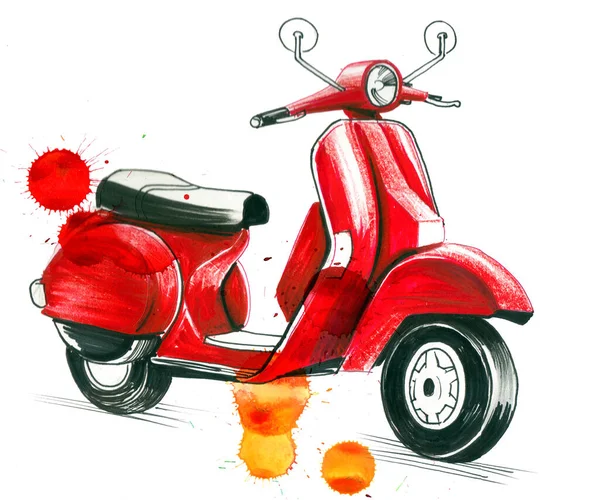 Vintage Rode Scooter Met Spetters Handgetekende Inkt Aquarel Papier — Stockfoto