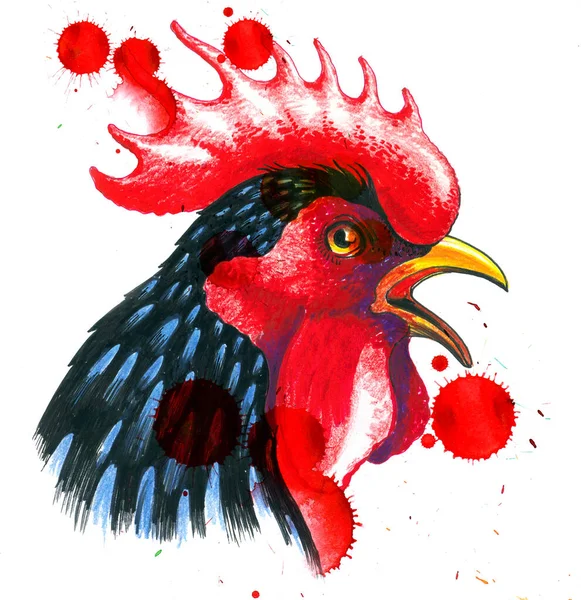 スプラッター付きの鶏の頭 紙本墨画 水彩画 — ストック写真