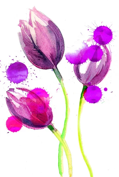 Фіолетові Квіти Тюльпанів Зубчиками Рука Намальована Чорнило Акварель Папері — стокове фото