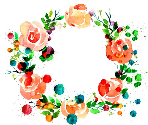 Coroa Flores Florescente Tinta Desenhada Mão Aquarela Com Salpicos Papel — Fotografia de Stock