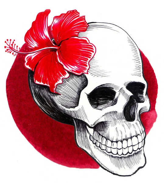Lidská Lebka Červeným Květy Ibišku Červeném Pozadí Ručně Kreslený Inkoust — Stock fotografie