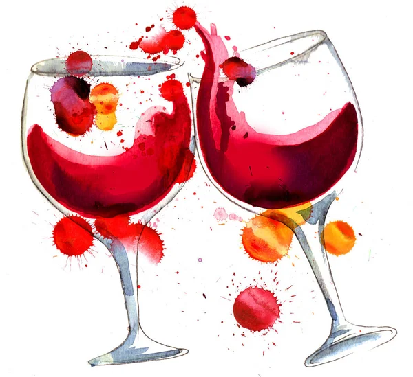 Pair Glasses Red Wine Hand Drawn Ink Watercolor Splatters Paper — Stock Photo, Image