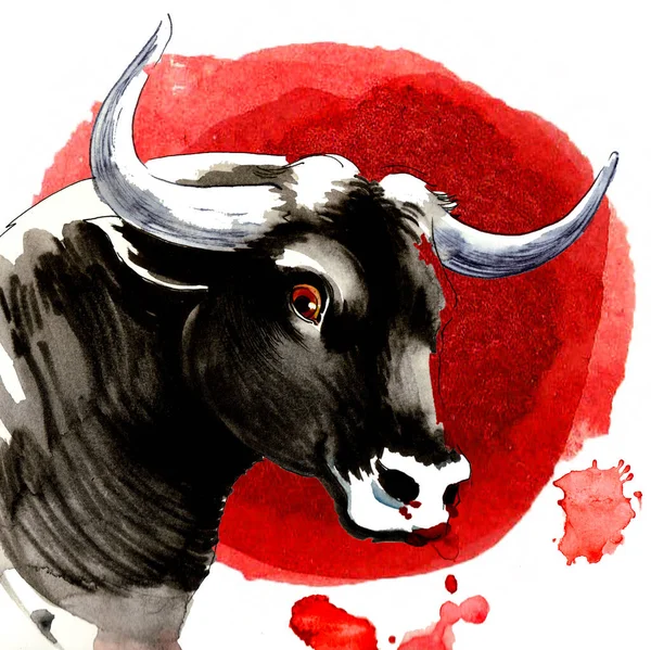 Černý Býk Červeném Pozadí Ručně Kreslený Inkoust Akvarel Cákancemi Papíře — Stock fotografie