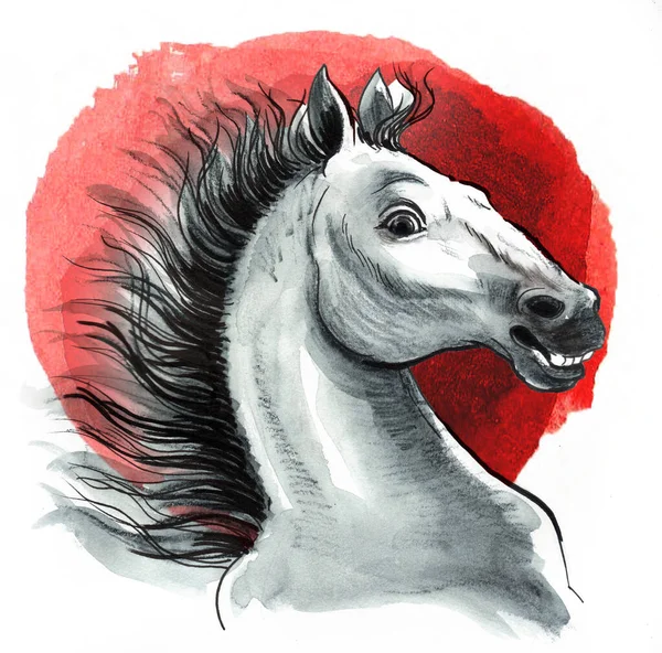 White Horse Red Background Hand Drawn Ink Watercolor Splatters Paper — Stock Photo, Image