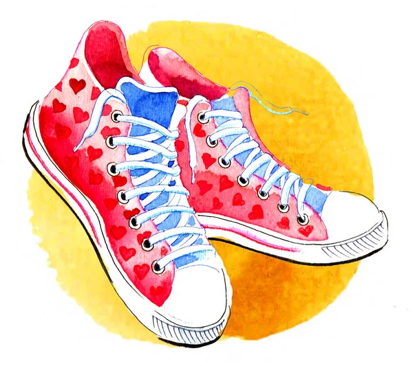 Pair Pink Sneakers Yellow Background Hand Drawn Ink Watercolor Paper — Stock Photo, Image