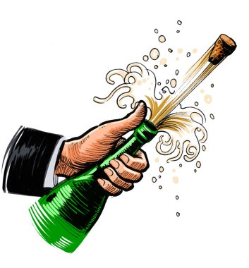 El şampanya şişesini açıyor. Kağıda el çizimi mürekkep, tablete de el boyası.