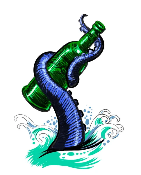 Macka Ośmiornicy Trzymająca Butelkę Ręcznie Rysowany Tusz Papierze Ręcznie Barwiony — Zdjęcie stockowe