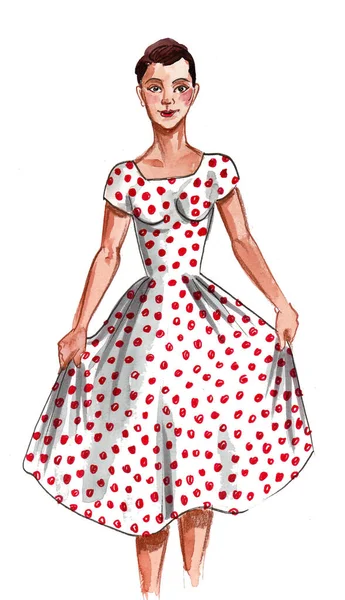 Hübsches Mädchen Vintage Kleid Handgezeichnete Tusche Und Aquarell Auf Papier — Stockfoto