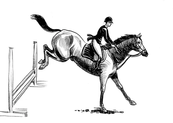 Кінь Хокей Верхи Коні Мальоване Вручну Чорнило Папері Чорно Білий — стокове фото