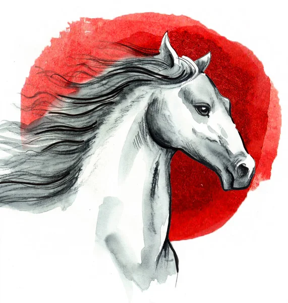 Weißes Pferd Auf Rotem Hintergrund Handgezeichnete Tusche Und Aquarell Auf — Stockfoto