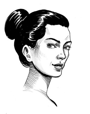 Güzel kadın yüzü. El çizimi kağıt üzerine siyah beyaz mürekkep