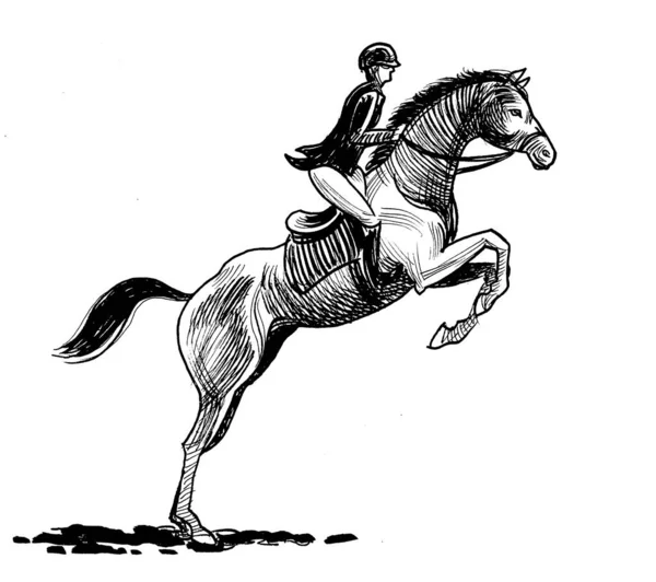 Jockey Montando Cavalo Tinta Preta Branca Desenhada Mão Sobre Desenho — Fotografia de Stock