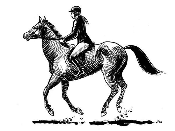 Jockey Montando Cavalo Tinta Preta Branca Desenhada Mão Sobre Desenho — Fotografia de Stock