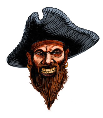 Kızgın korsan kafası. Kağıda el çizilmiş mürekkep, tablete de el boyanmış.