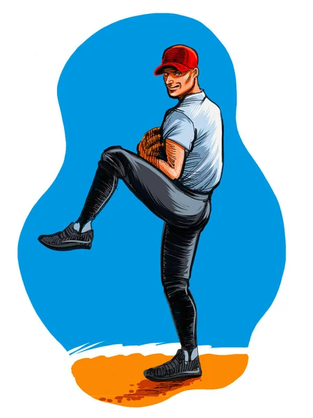 Бейсболист Бросает Мяч Ручные Чернила Бумаге Ручные Цвета Планшете — стоковое фото