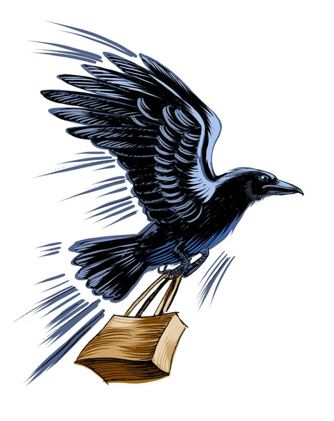 Flying Crow Shopping Bags Hand Drawn Ink Paper Hand Colored — Stock Photo, Image