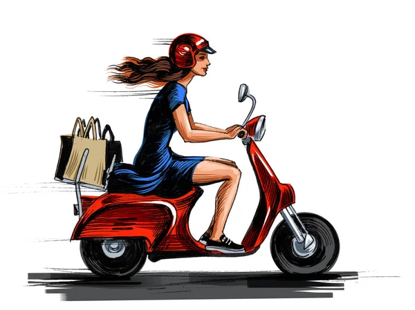 Menina Bonita Montando Uma Scooter Com Sacos Compras Tinta Desenhada — Fotografia de Stock
