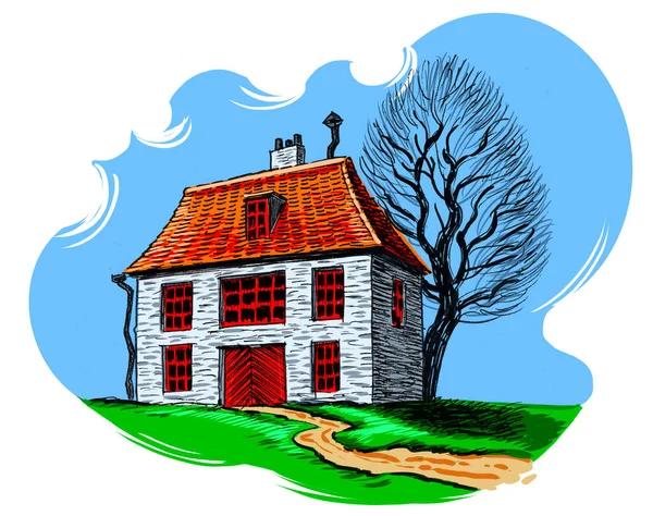 Stary Dom Drzewo Ręcznie Rysowany Tusz Papierze Ręcznie Barwiony Tabletce — Zdjęcie stockowe