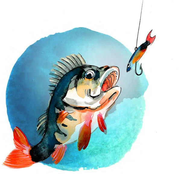 魚とフック 紙本墨画 水彩画 — ストック写真