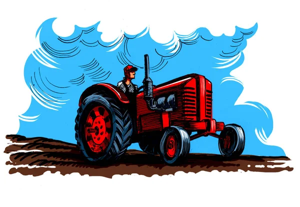 Фермер Старовинному Ретро Тракторі Полі Мальовані Вручну Чорнила Папері Рука — стокове фото