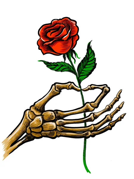 Ruka Červenou Růží Ručně Kreslený Inkoust Papíře Ručně Barvený Tabletu — Stock fotografie