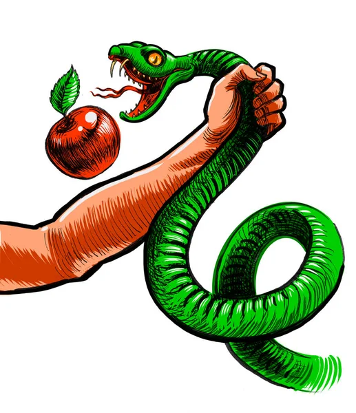 リンゴで悪魔と戦う手 紙本水墨画手彩色 — ストック写真