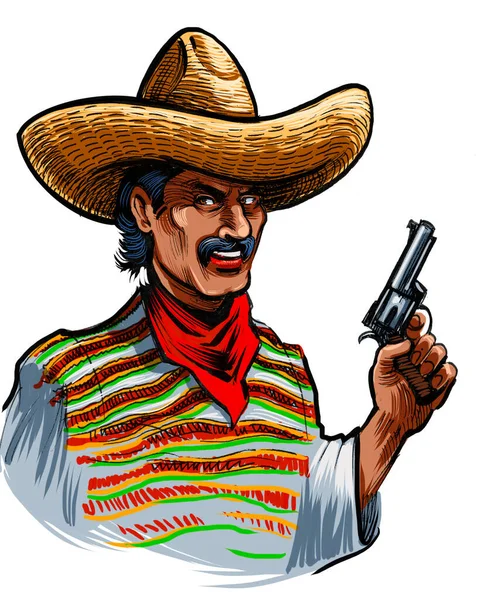Мексиканский Бандит Сомбреро Пистолетом Ручные Чернила Бумаге Ручные Цвета Планшете — стоковое фото