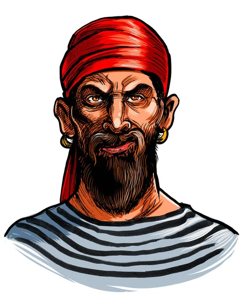 Angry Pirate Character Hand Drawn Ink Paper Hand Colored Tablet — Stock Photo, Image