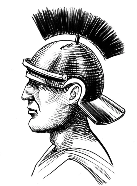 Romalı Savaşçı Kask Içinde Mürekkep Siyah Beyaz Çizim — Stok fotoğraf