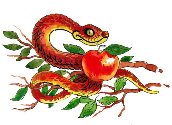 Φίδι Μήλο Σχέδιο Μελανιού Και Ακουαρέλας — Φωτογραφία Αρχείου