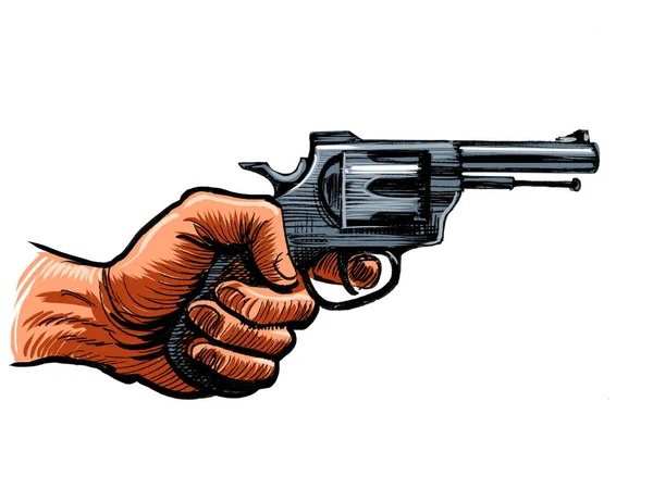 Hand Met Revolver Pistool Handgetekende Inkt Papier Met Hand Gekleurd — Stockfoto
