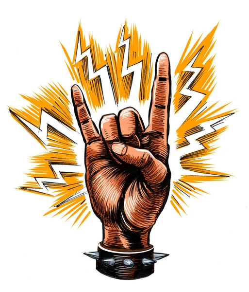 Hard Rock Gesture Hand Drawn Ink Paper Hand Colored Tablet — Stock Photo, Image