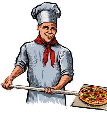 Restoran şefi pizza pişiriyor. Kağıda el çizilmiş mürekkep, tablete de el boyanmış.