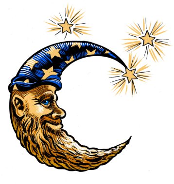 Ay ve yıldızlar. Kağıda el çizilmiş mürekkep, tablete de el boyanmış.