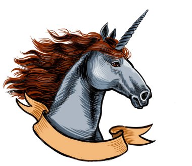 Tek boynuzlu at kafası ve bayrak. Kağıda el çizilmiş mürekkep, tablete de el boyanmış.