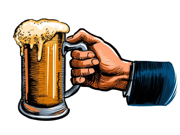 Mão Com Uma Caneca Cerveja Tinta Desenhada Mão Sobre Papel — Fotografia de Stock