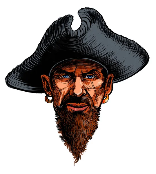 Piraat Kapitein Hoofd Handgetekende Inkt Papier Met Hand Gekleurd Tablet — Stockfoto