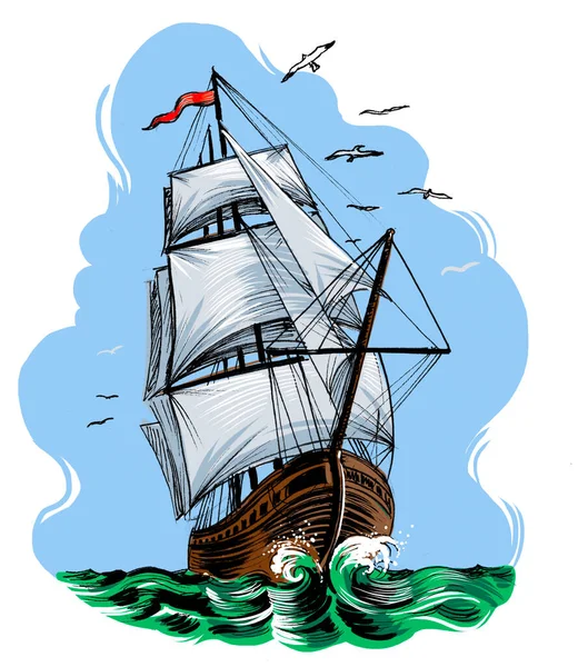 Altes Segelschiff Meer Handgezeichnete Tinte Auf Papier Und Handkolorierte Tinte — Stockfoto