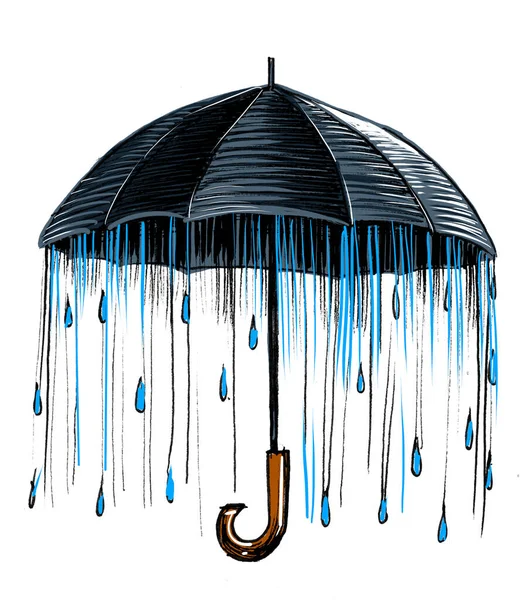 Regenschirm Und Regen Handgezeichnete Tinte Auf Papier Und Handkolorierte Tinte — Stockfoto