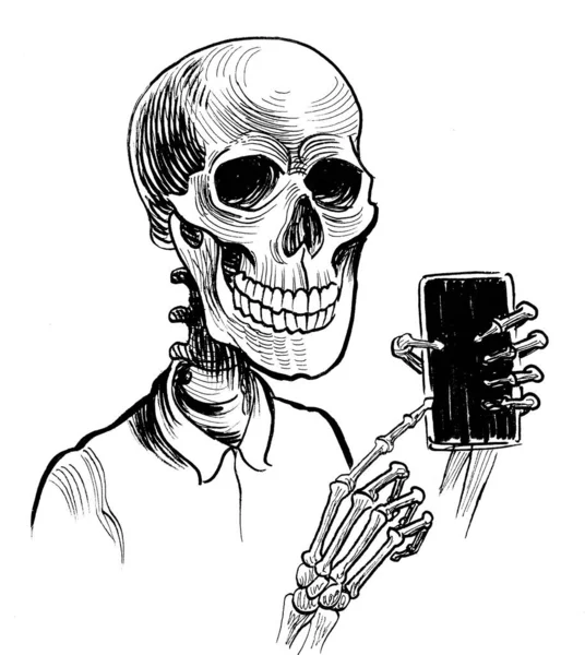 Skeleton Pointing Smartphone Ink Black White Drawing — Stock Photo, Image