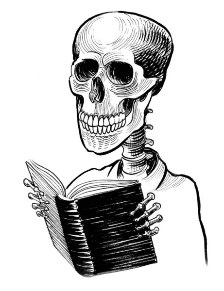 Скелет Читає Книжку Чорно Білий Малюнок — стокове фото