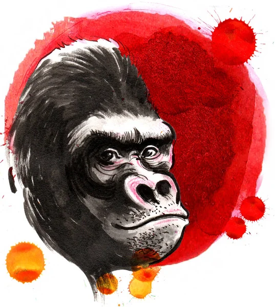 Cara Gorila Louco Tinta Desenhada Mão Esboço Aquarela Com Salpicos — Fotografia de Stock