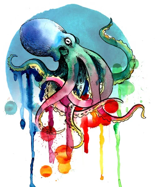 Octopus Dier Handgetekende Inkt Aquarelschets Met Spetters — Stockfoto