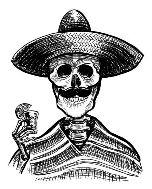Ölü Meksikalı tekila içiyor. Kağıt üzerine el çizimi mürekkep siyah beyaz skeç