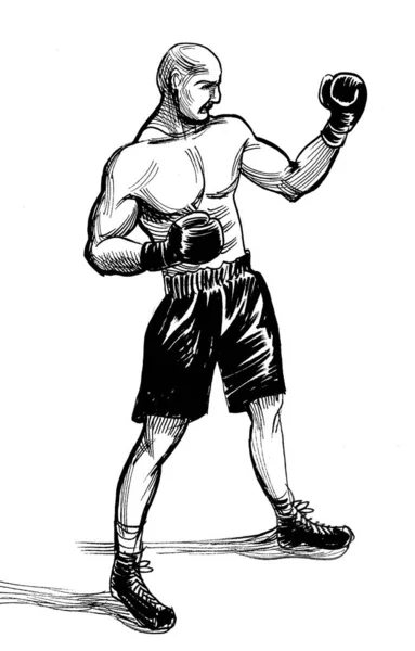 Atleta Boxeo Dibujado Mano Con Rifle Tinta Retro Blanco Negro — Foto de Stock