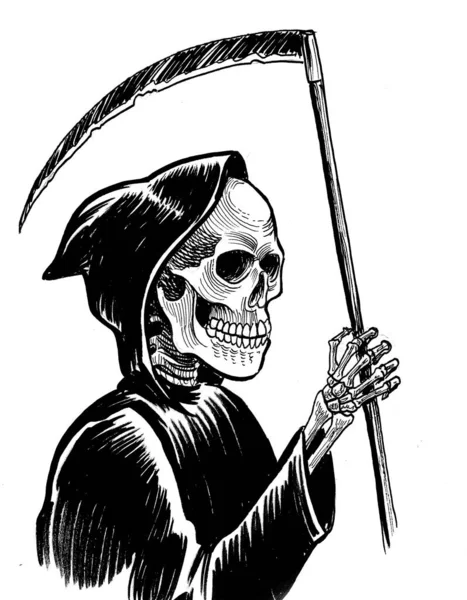 Esqueleto Muerte Con Capucha Dibujo Blanco Negro Tinta — Foto de Stock