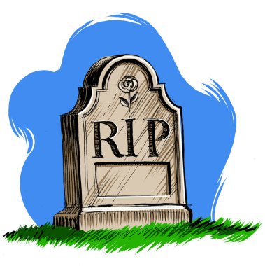 RIP harfli mezar taşı. Kağıda el çizimi mürekkep, tablete de el boyası.